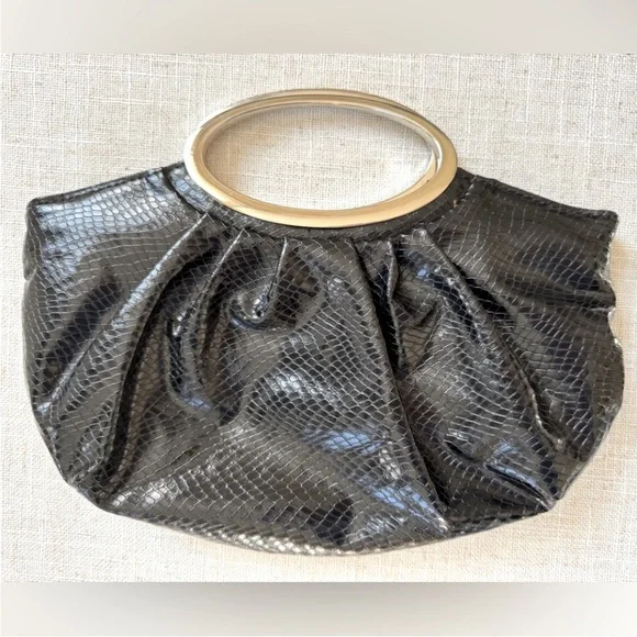 Express Black Clutch Croc Effect Animal Print Leather Silver Ha… - Picture 1 of 8